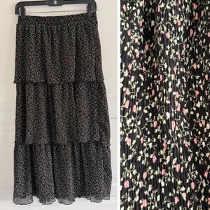 Vernacular Black Floral Tiered Midi Skirt Size Small 41933